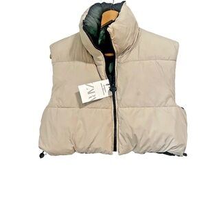 ZARA Women's Reversible Puffer Vest Black and Sand S-M REF. 3427/774085
